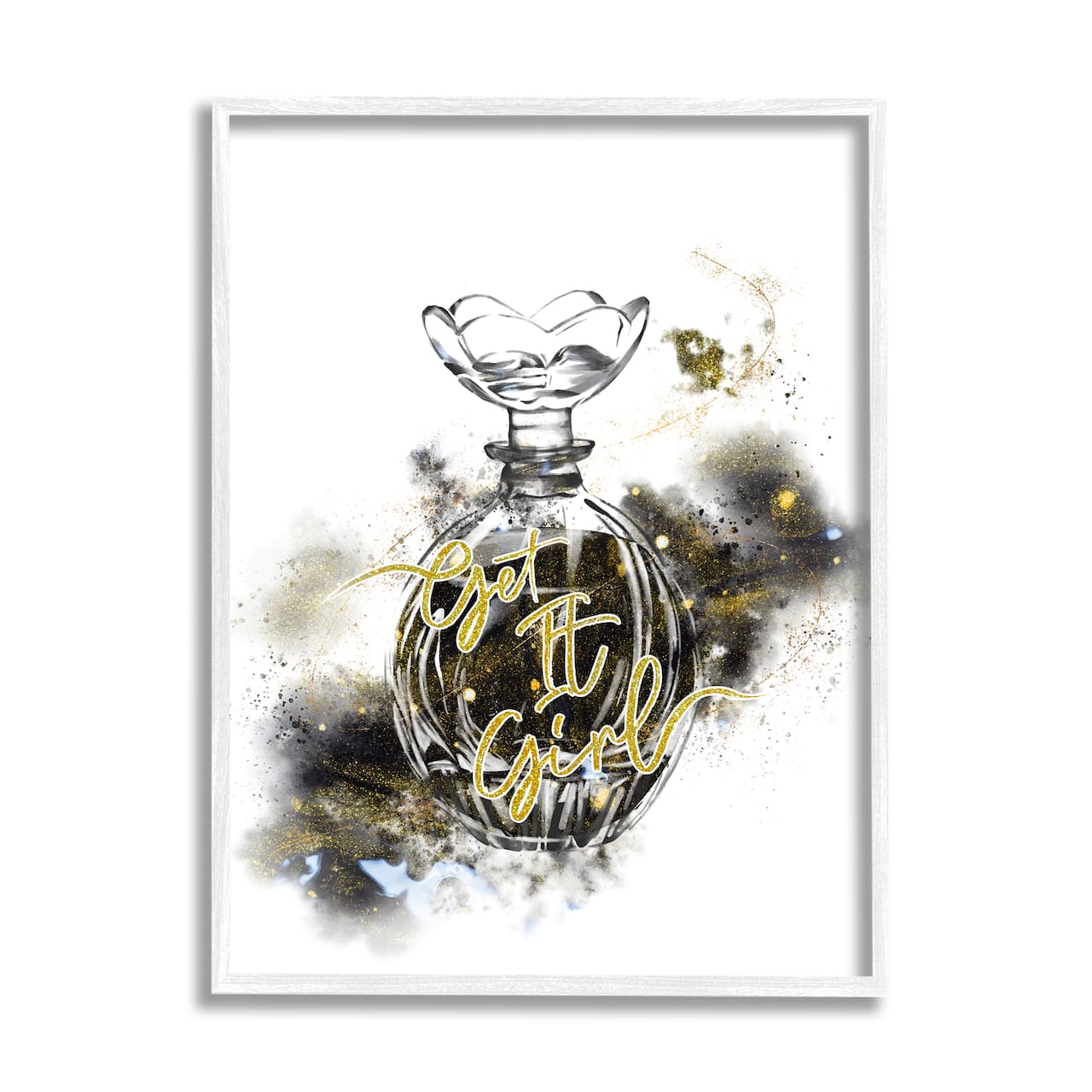 Stupell Industries Get It Girl Phrase Black Gold Sparkle Glam Cosmetic Framed Wall Art